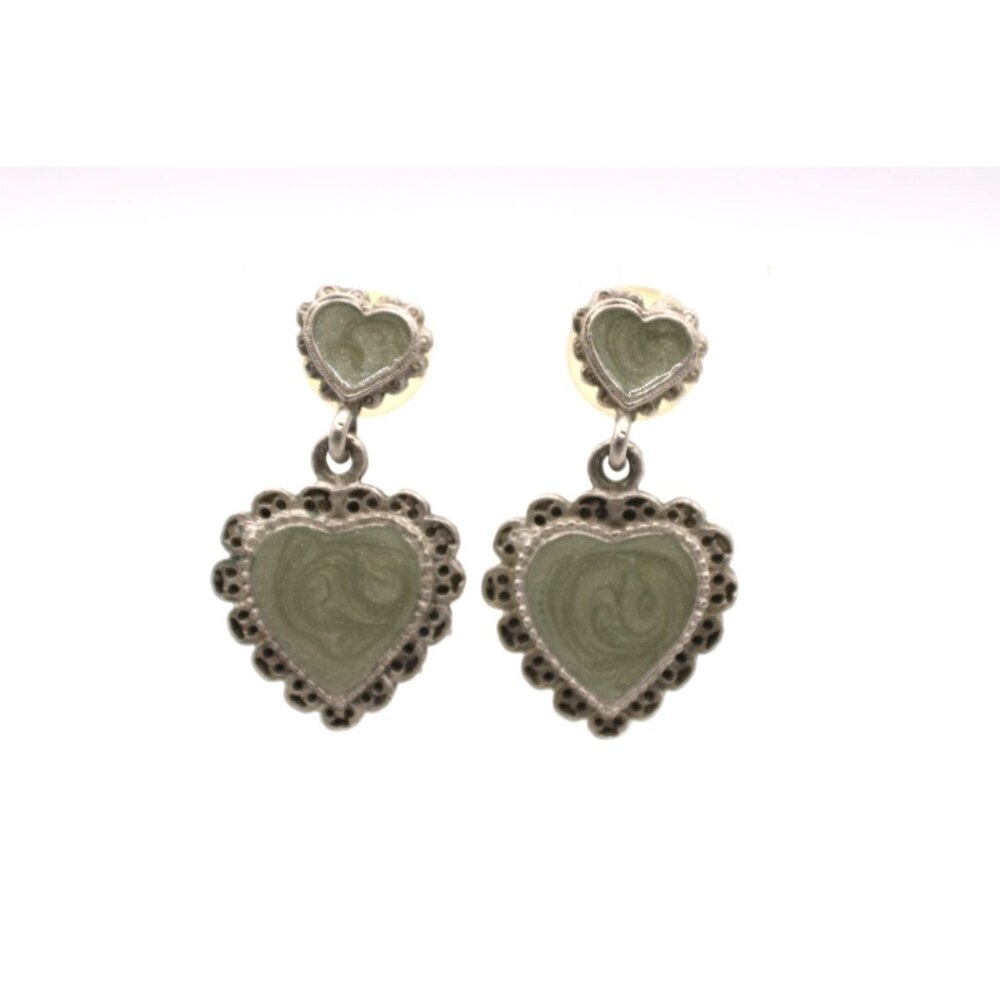 Heart Drop Enamel Earrings Sage Green Swirl and Ornate Framing Vtg Silver Tone - Picture 3 of 10
